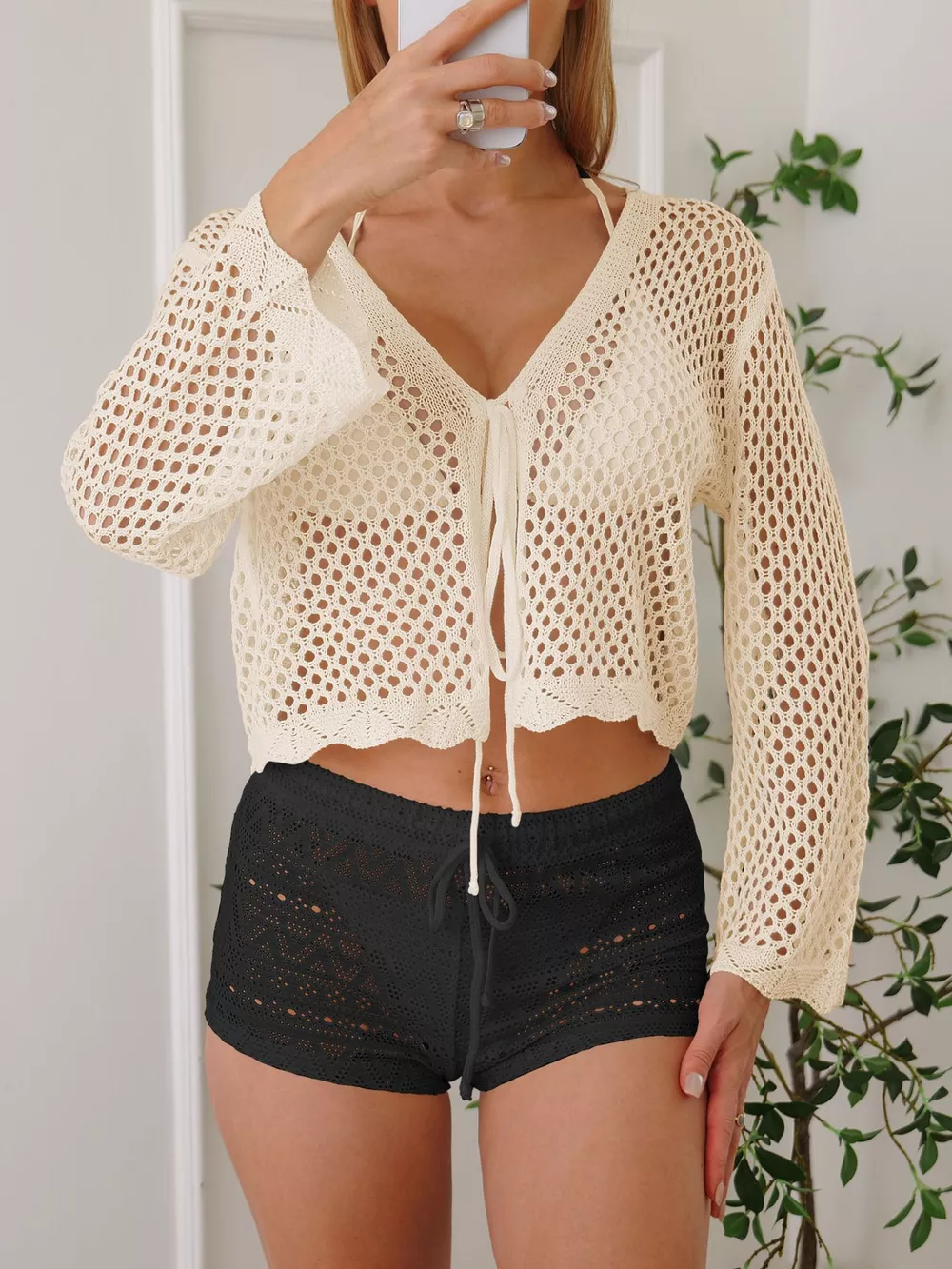 Crochet Tie-Front Knit Cover Up, image 2