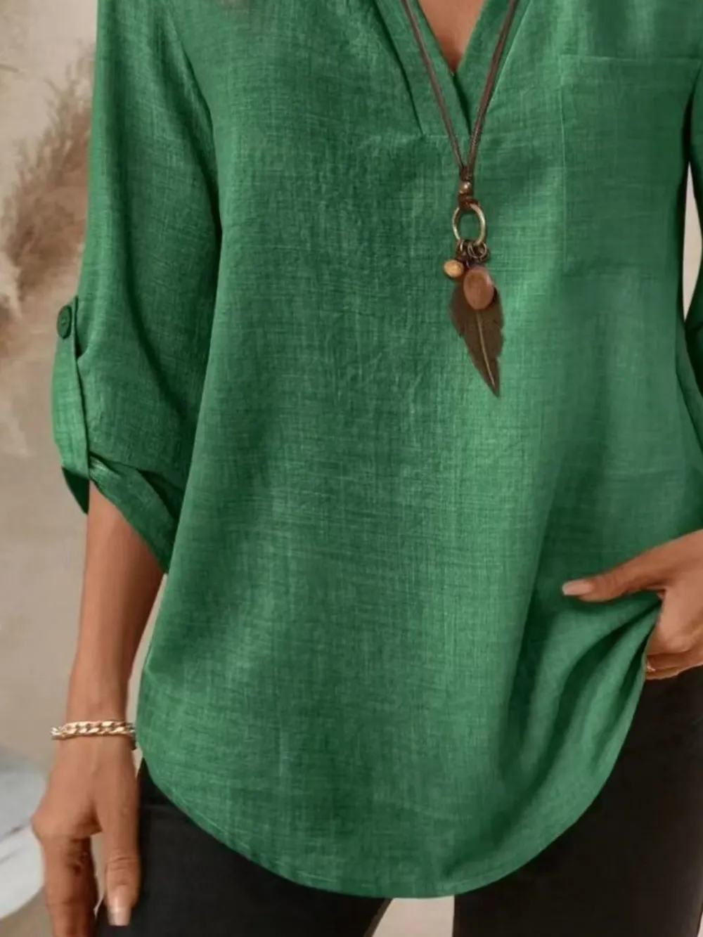 Casual Notched Roll-Up Sleeve Pocket Blouse, image 11