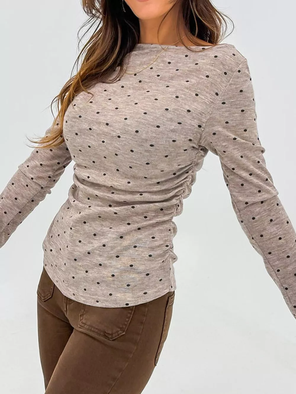 Polka Dot Boat Neck Knit Long Sleeve T Shirt, image 4