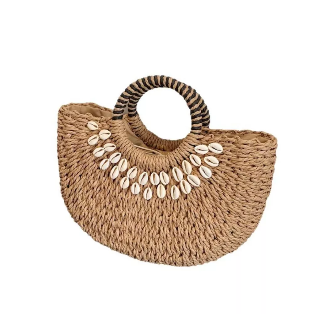 Seashell-Embellished Woven Straw Handbag, image 4