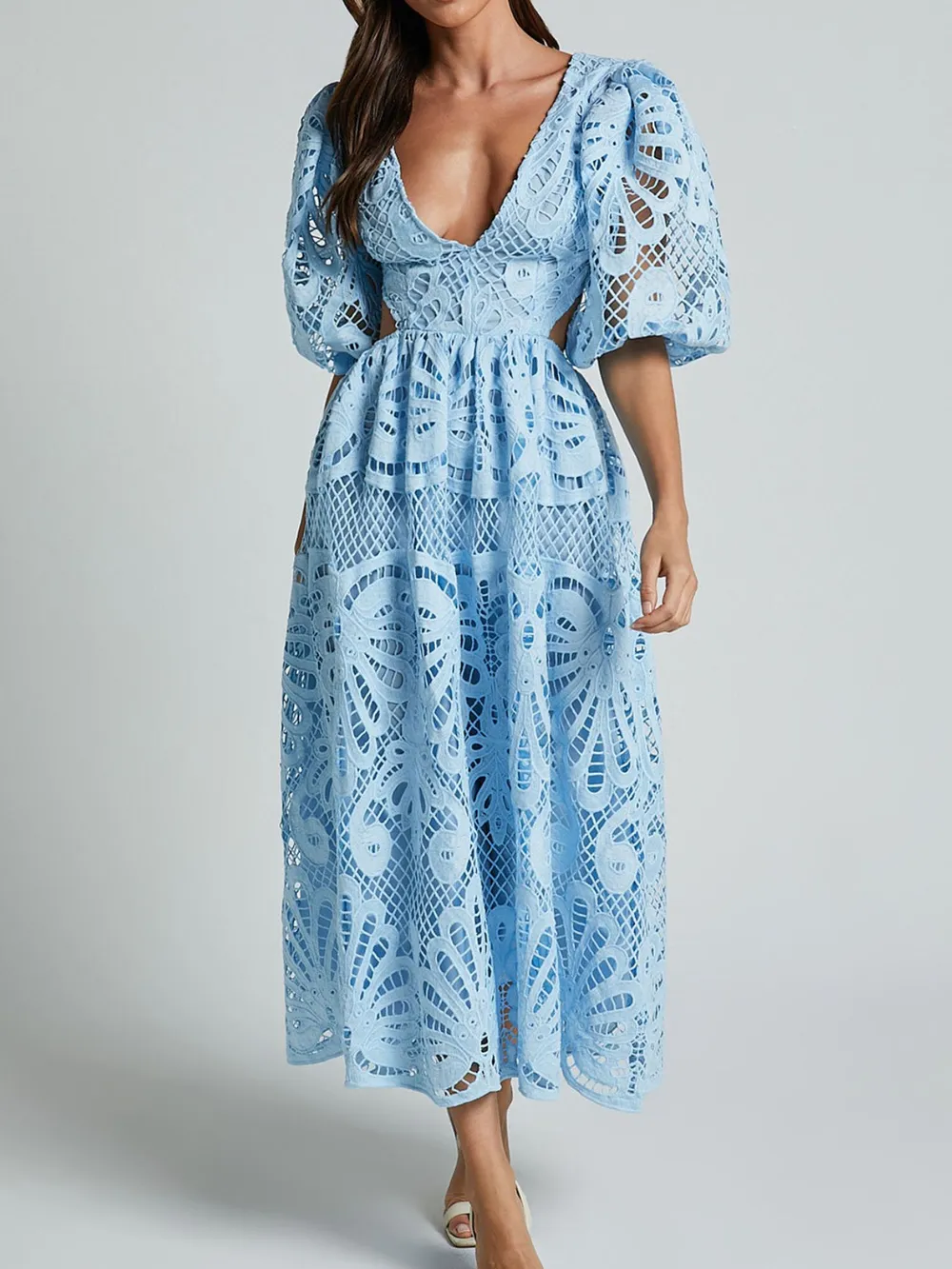 Cutout Back Lace Crochet V-Neck Dress, image 4