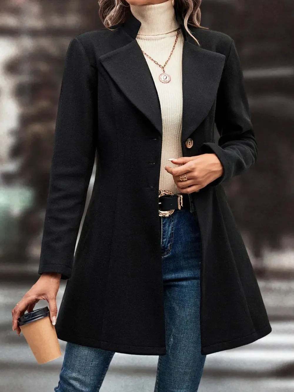 Collared Neck Long Sleeve Longline Coat, image 12