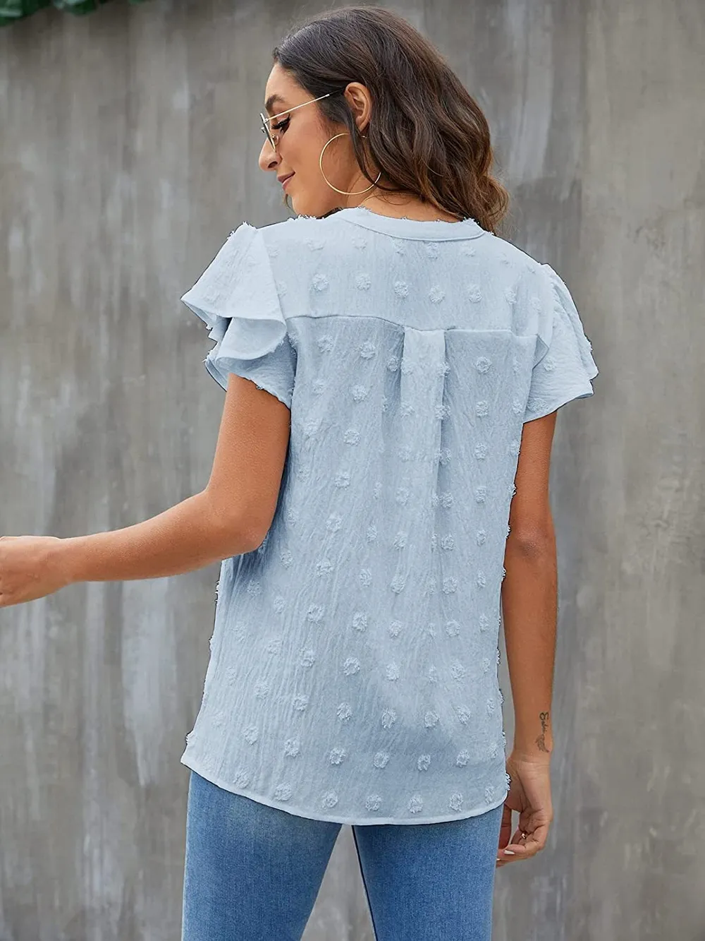 Swiss Dot Notched Flutter Sleeve Blouse, image 7