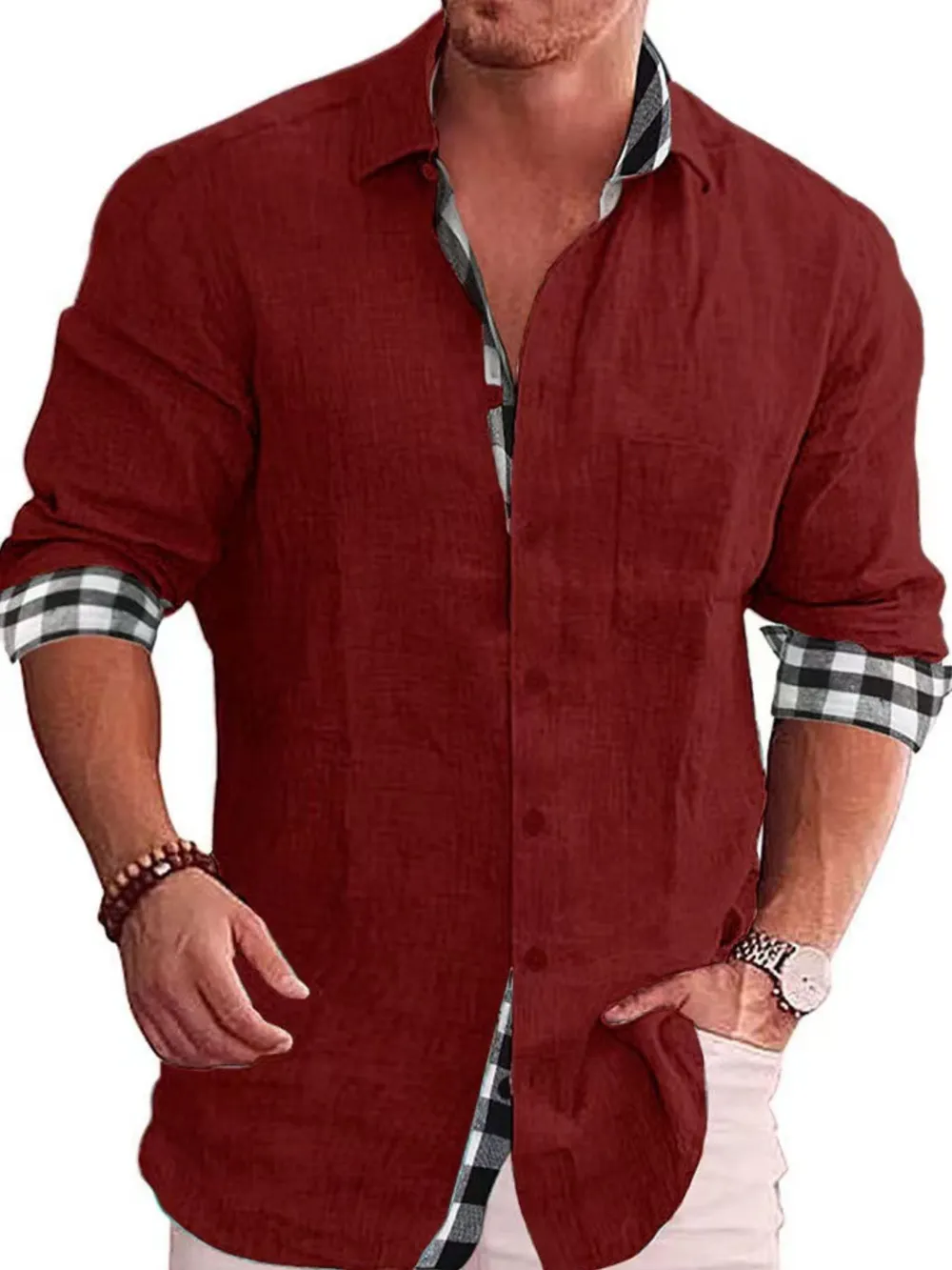 Men's Full Size Casual Linen Plaid-Trim Button Down Shirt Plus Size, image 5