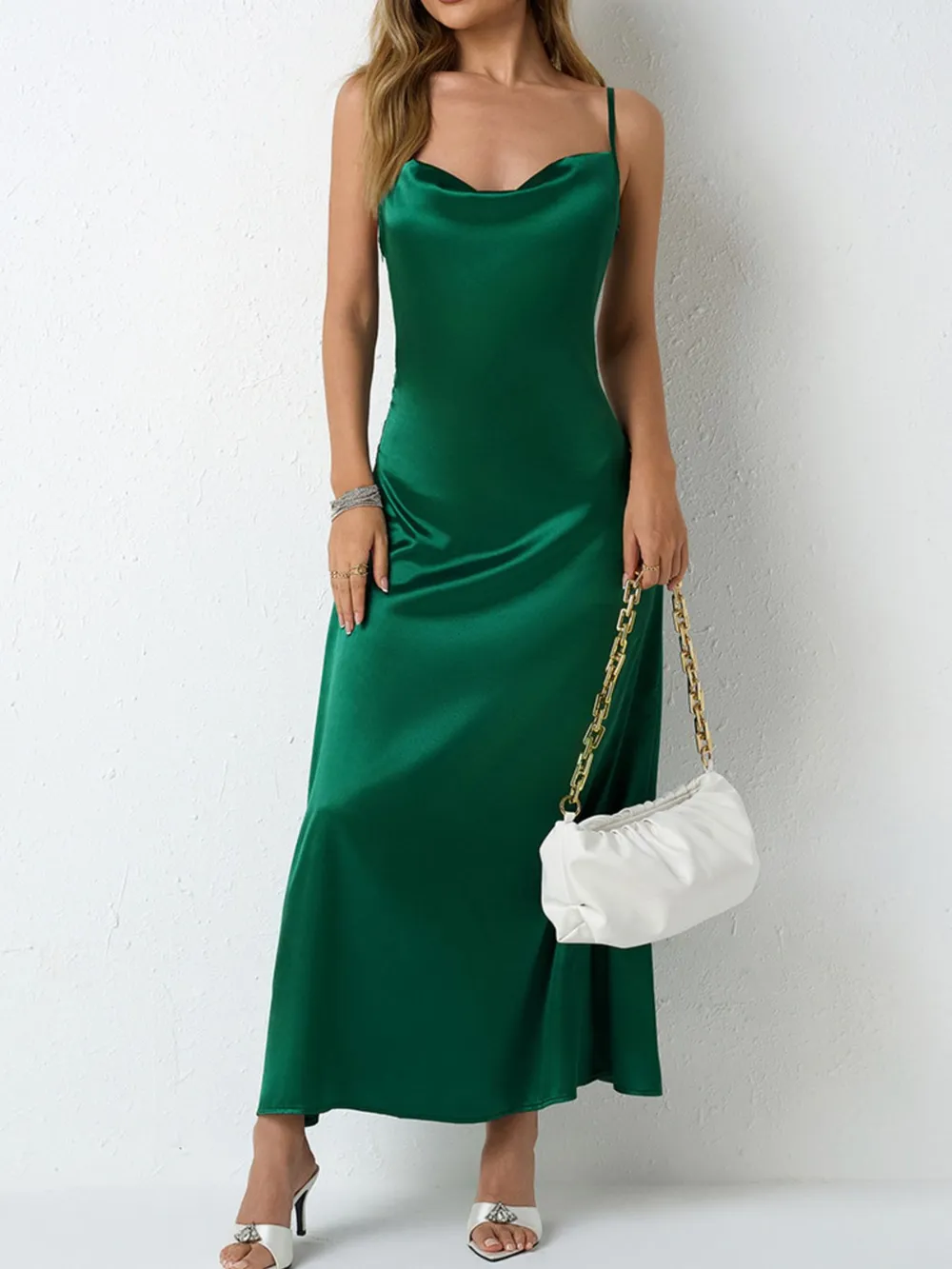 Satin Cowl Neck Cami Dress, image 3