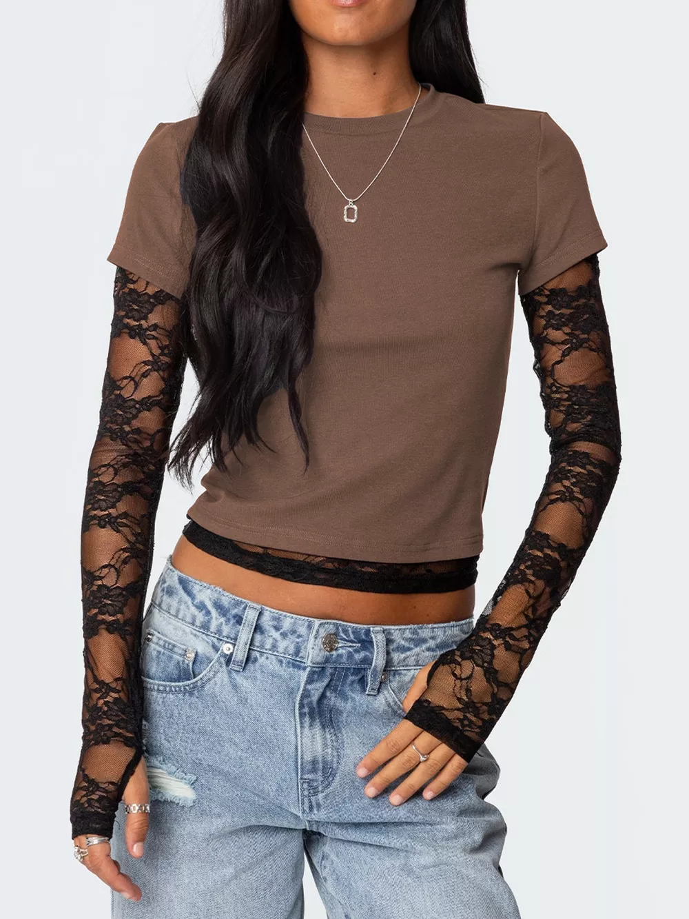 Cropped T-Shirt with Sheer Lace Sleeves, image 10