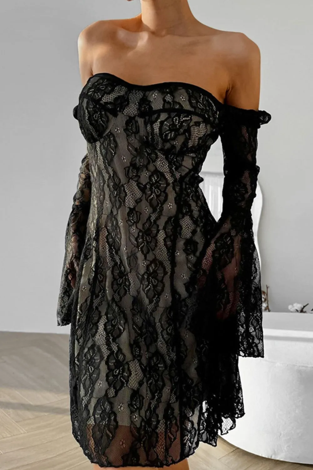 Lace Sweetheart Neck Flare Sleeve Mini Dress, image 7