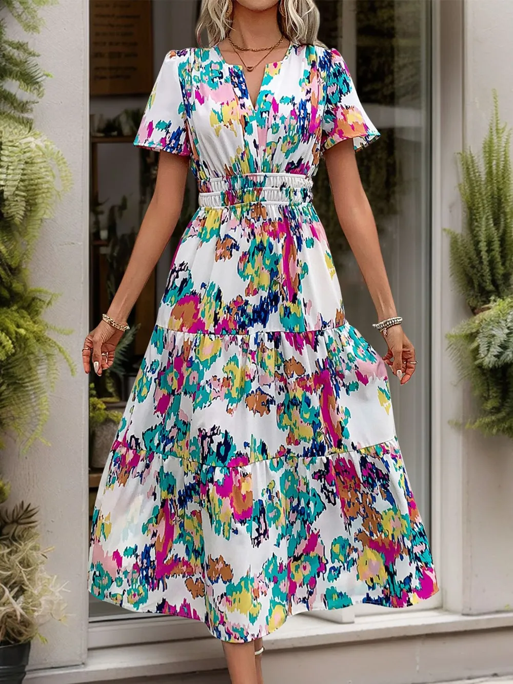 Printed Notched Short Sleeve Midi Dress, image 2