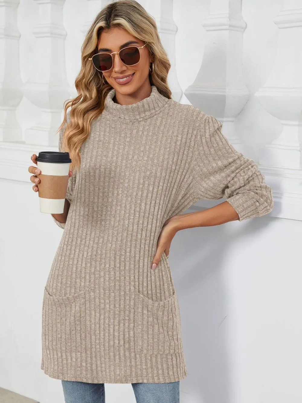 Ribbed Mock Neck Long Sleeve T-Shirt, image 14