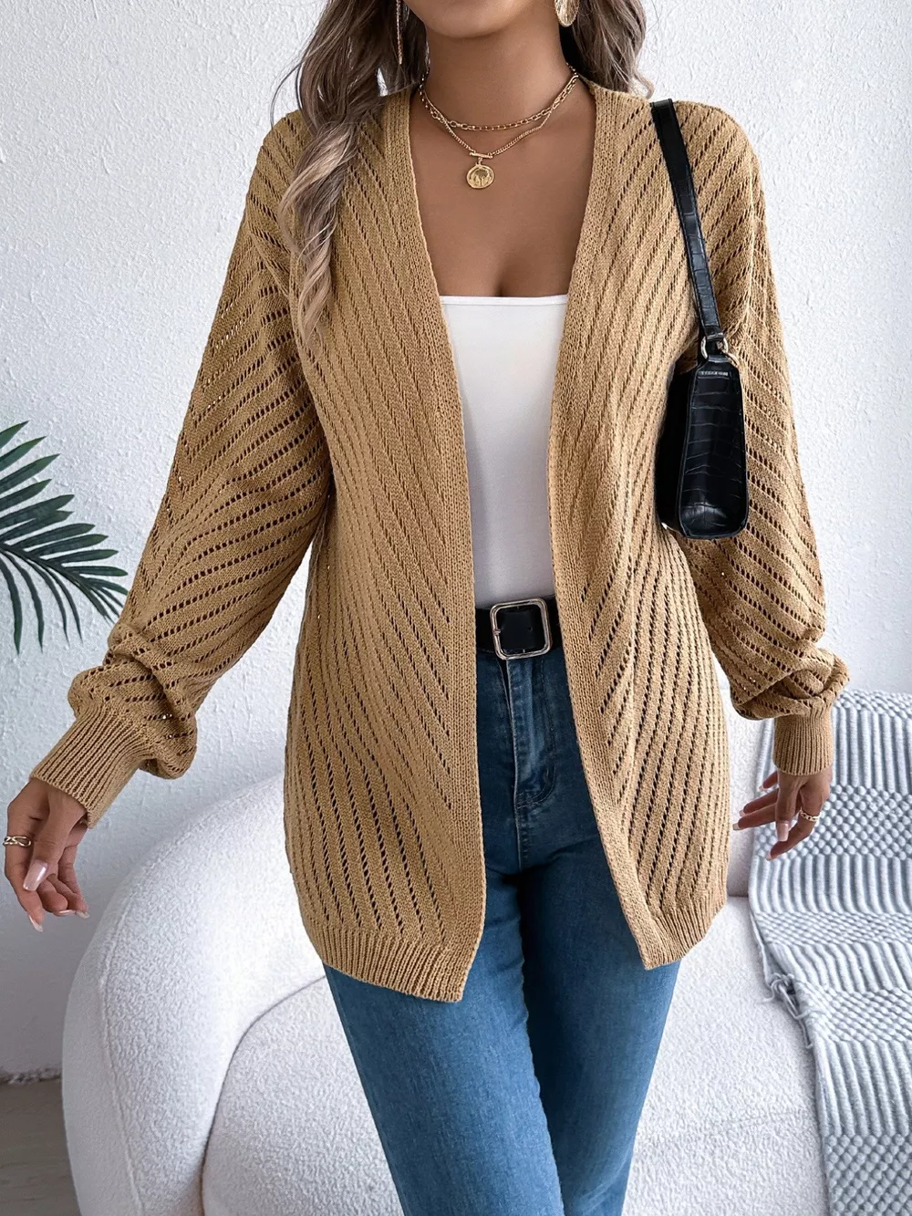 Openwork Open-Front Long Sleeve Cardigan, image 15