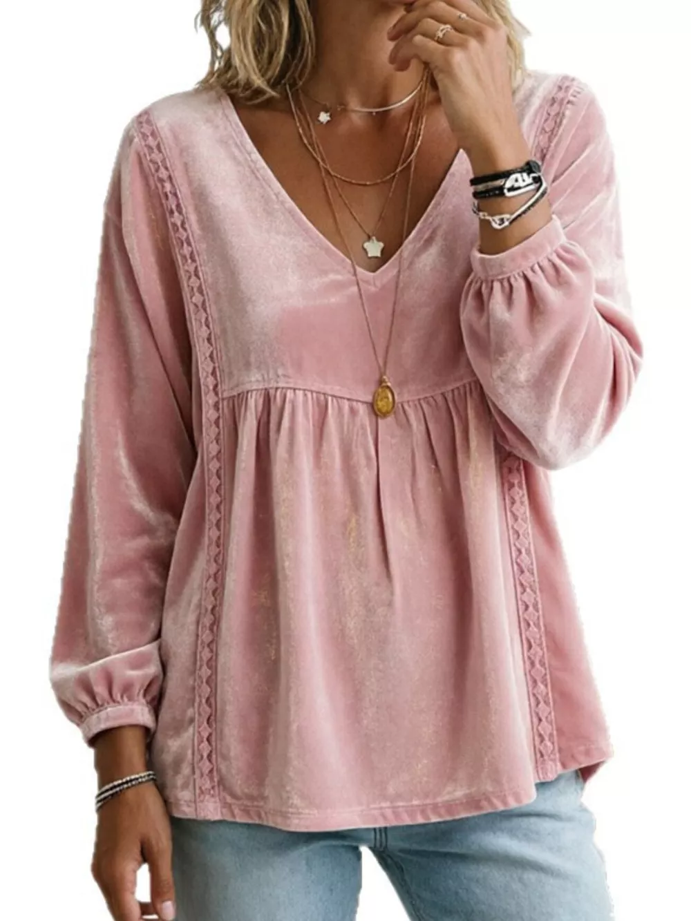Full Size V-Neck Long Sleeve Velvet Blouse with Lace Trim Plus Size, image 8