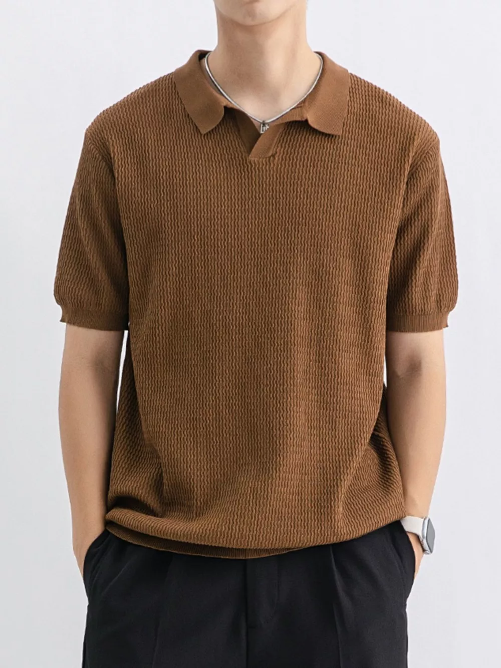 Men's Plus Size Textured Knit Short Sleeve Polo, image 2