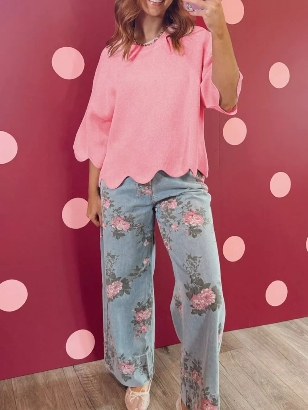 Scalloped Hem 3/4 Sleeve Sweater Top, image 3
