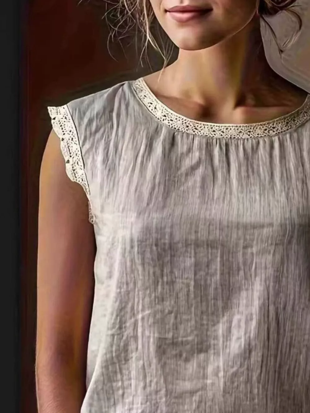 Lace Trim Round Neck Sleeveless Blouse, image 2
