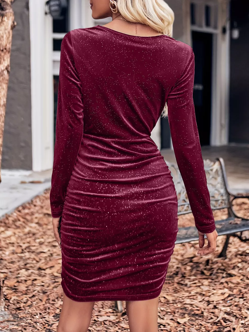 Velvet Cowl Neck Ruched Bodycon Dress, image 8