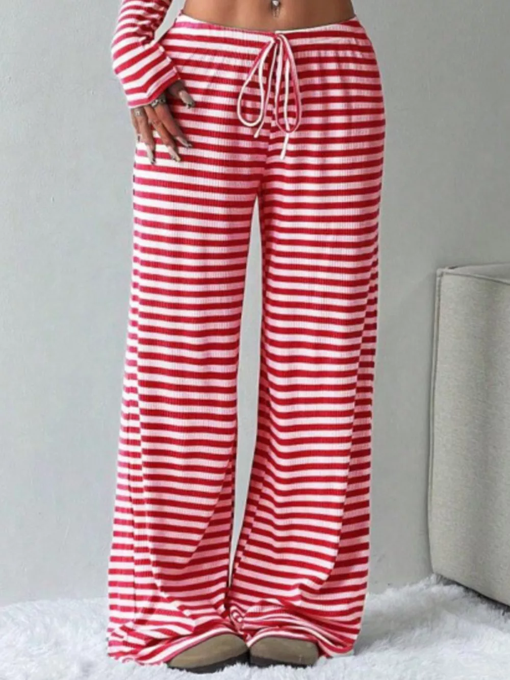 Striped Long Sleeve Crop Top and Wide Leg Pants Set, image 3