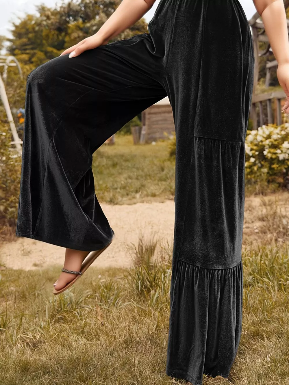 Plus Size Velvet Ruffle Hem Wide Leg Pants, image 3