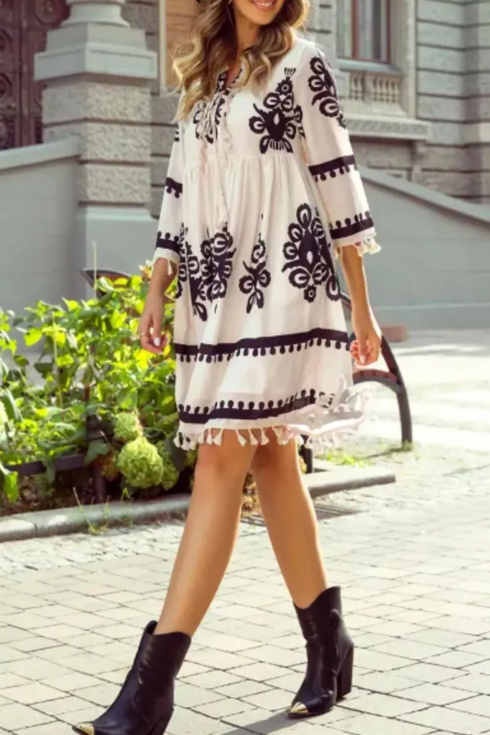 Tassel Hem 3/4 Sleeve Mini Dress, image 2