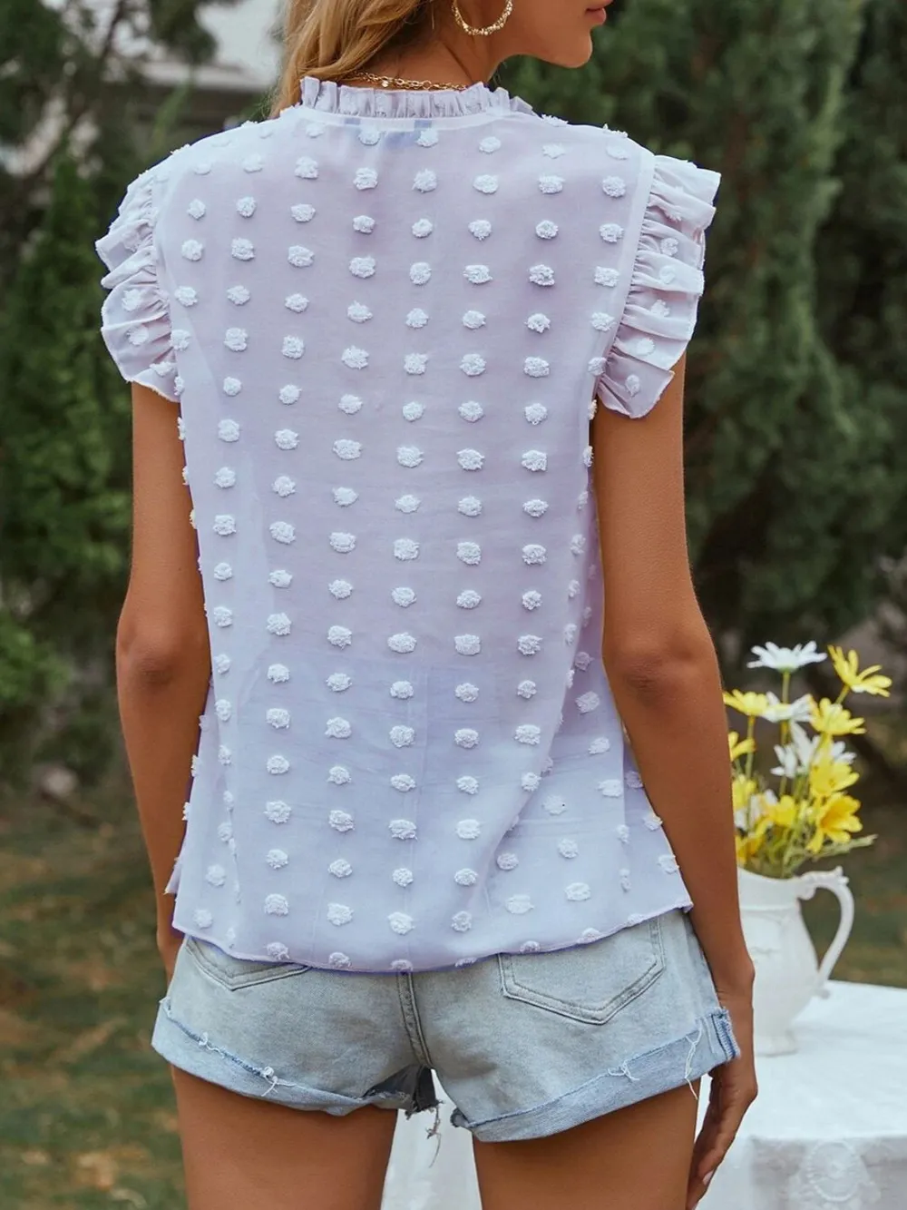 Frill Tie Neck Cap Sleeve Blouse, image 4
