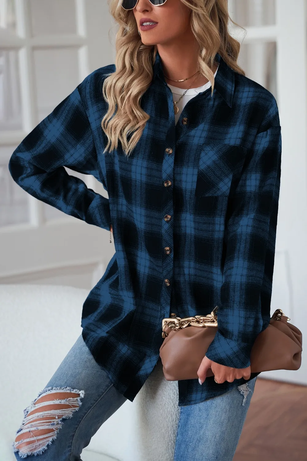 Plaid Button Up Dropped Shoulder Outerwear, image 12