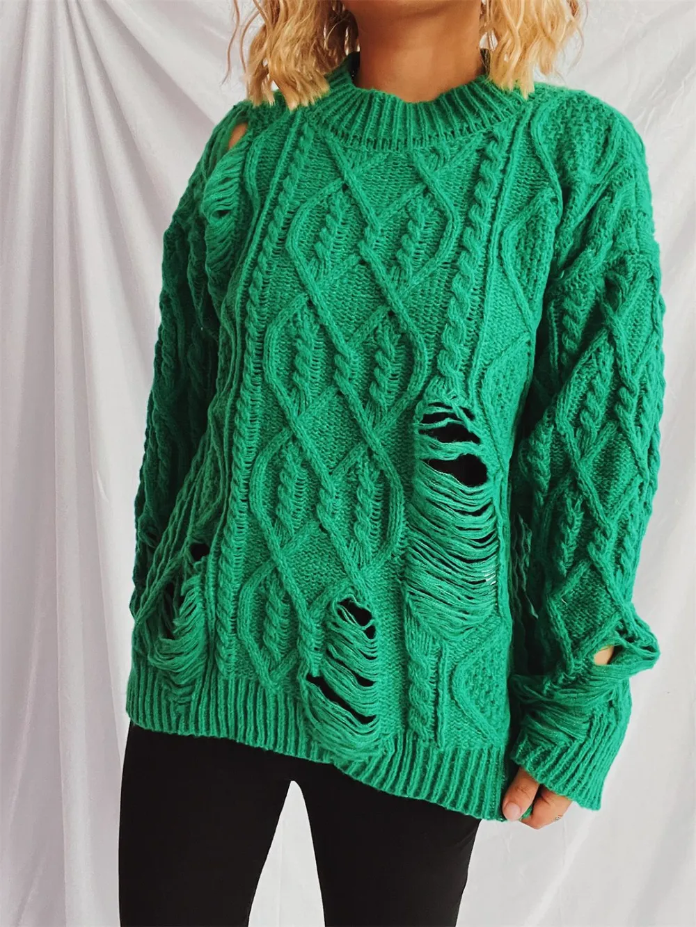 Distressed Cable-Knit Round Neck Long Sleeve Sweater, image 7