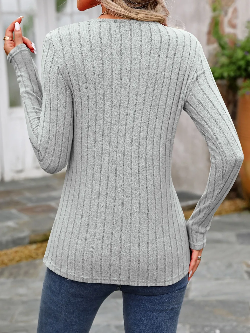 Decorative Button Round Neck Long Sleeve T-Shirt, image 3