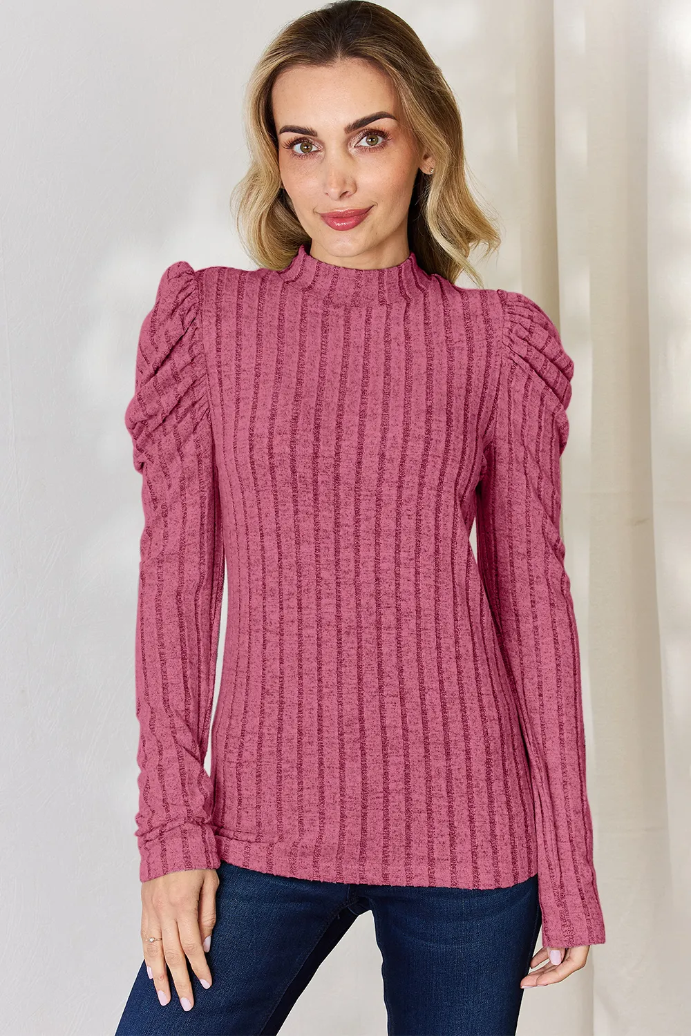 Full Size Ribbed Mock Neck Puff Sleeve T-Shirt, image 6