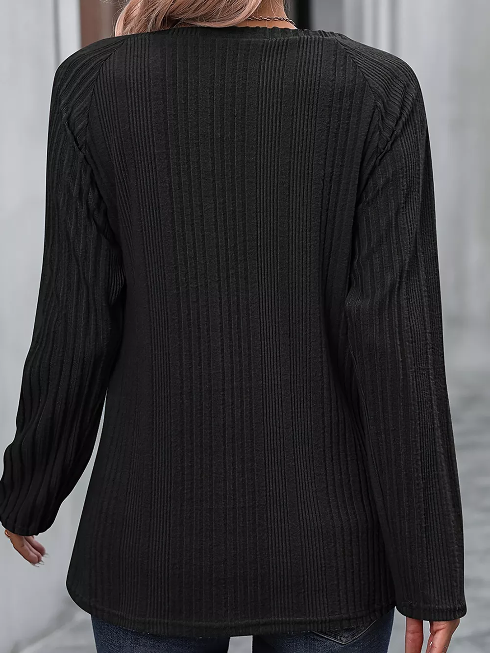 Ribbed Long Sleeve T-Shirt with Button Detail, image 4