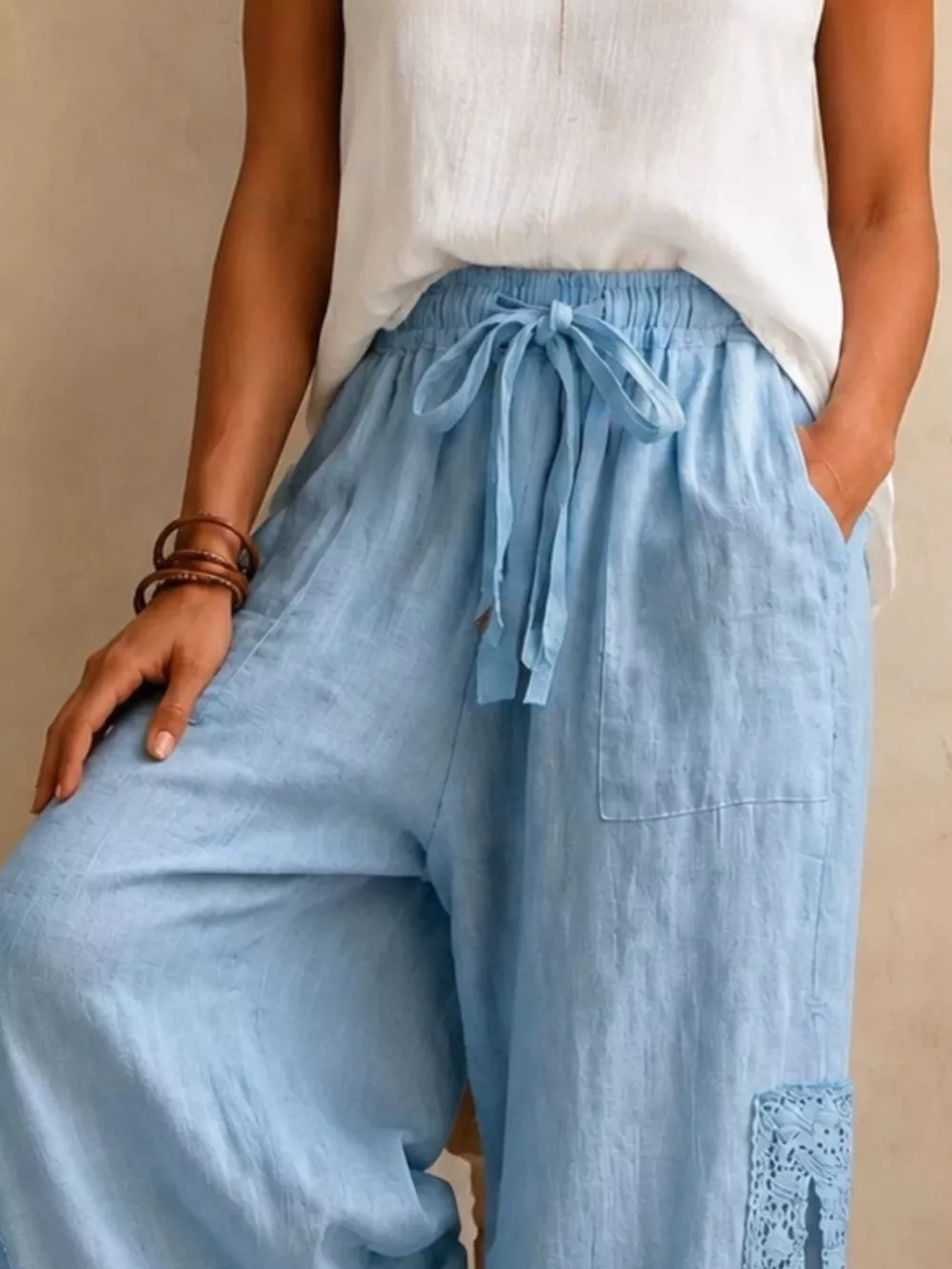 Lace Detail Slit Wide Leg Pants, image 2