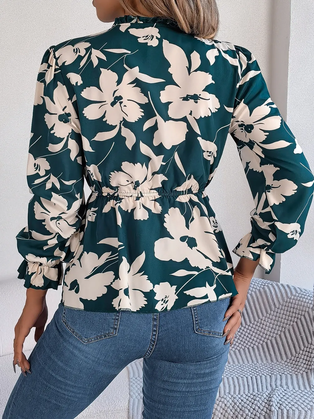 Printed Tie Neck Flounce Sleeve Blouse, image 9