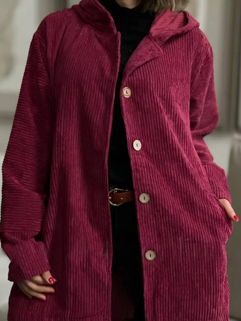 Full Size Corduroy Button Up Hooded Jacket Plus Size, image 12