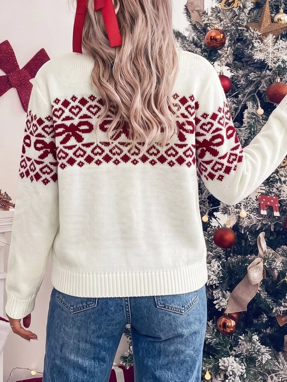 Bow Pattern Long Sleeve Christmas Sweater, image 6