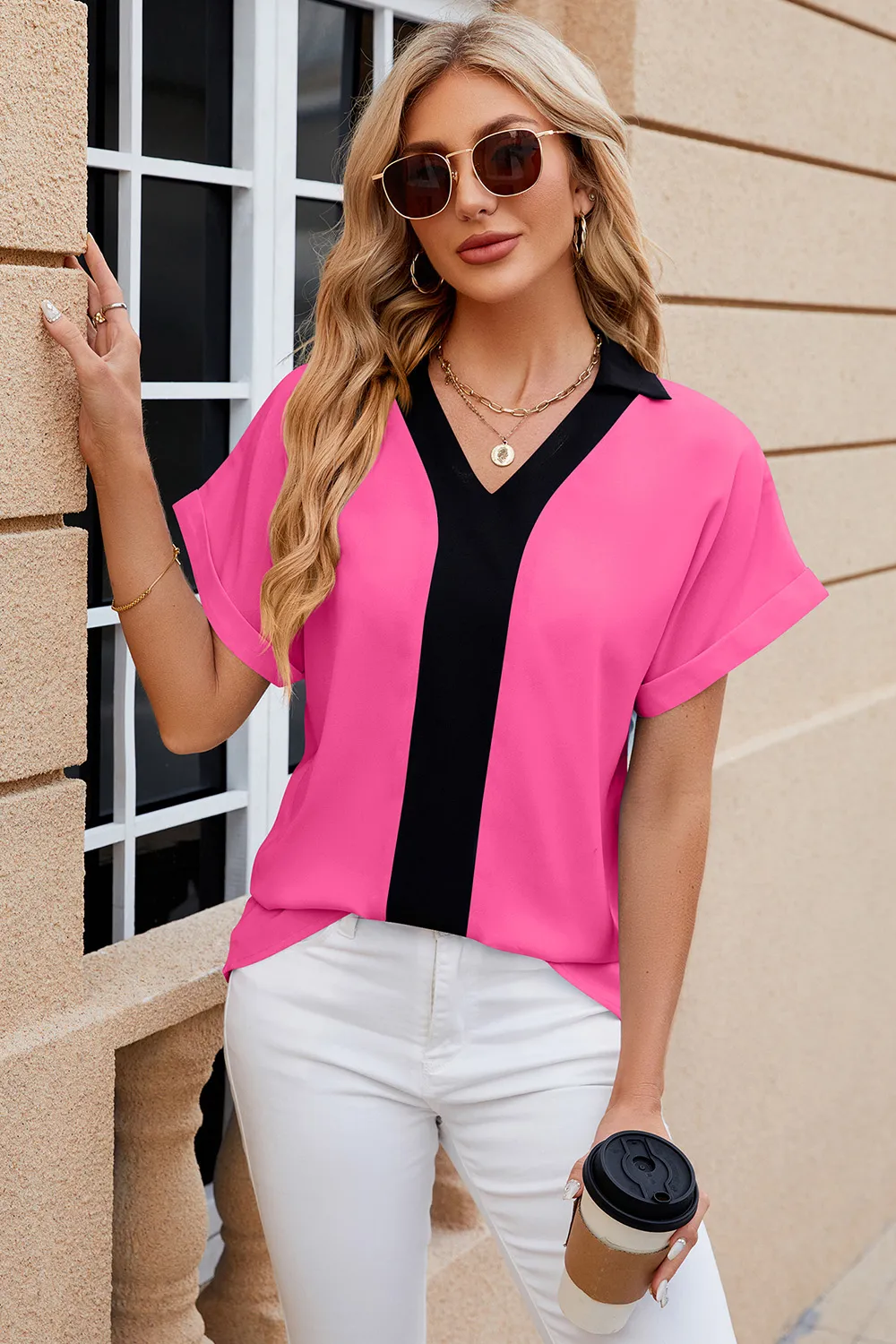 Contrast Johnny Collar Short Sleeve Blouse, image 14