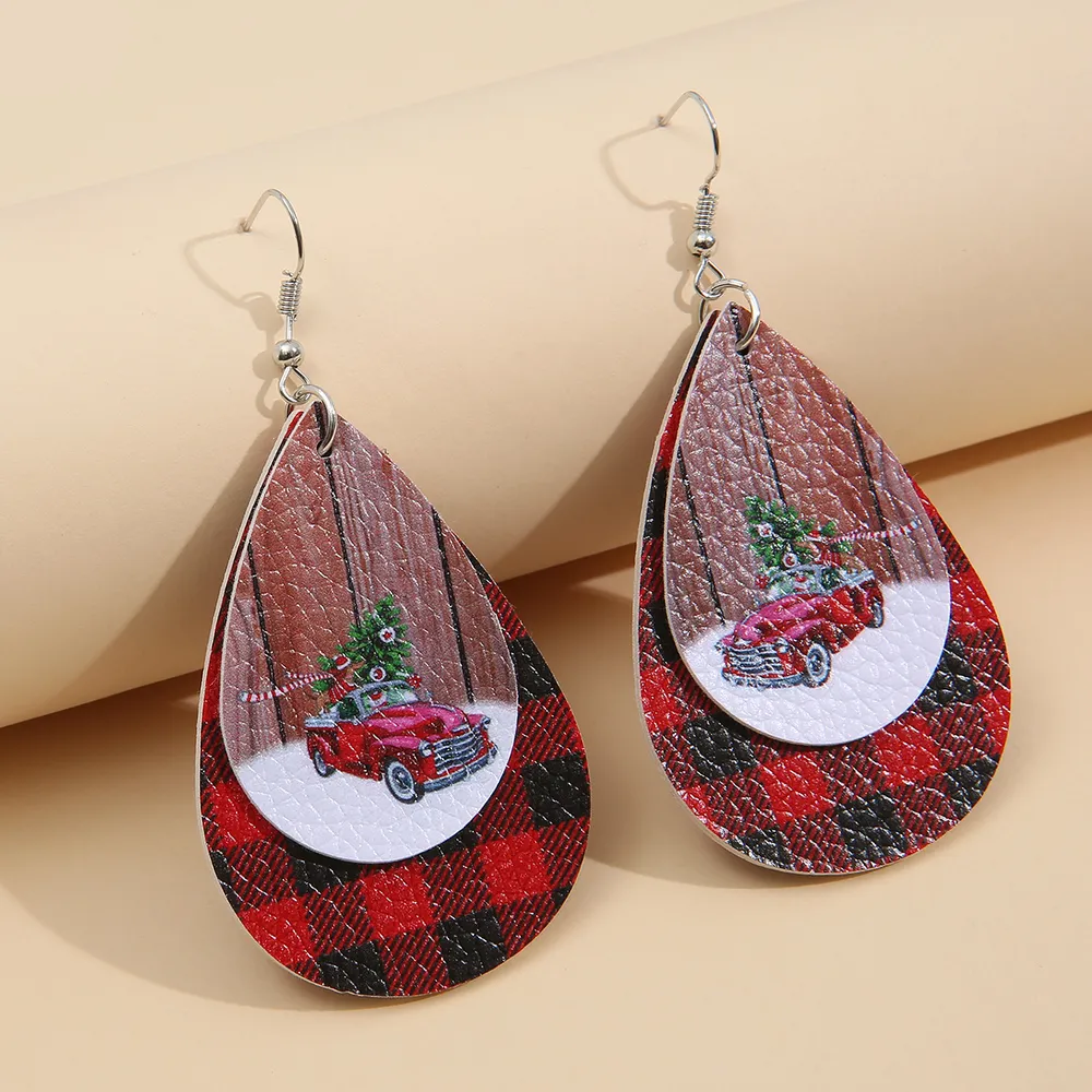 PU Leather Plaid Teardrop Earrings, image 2