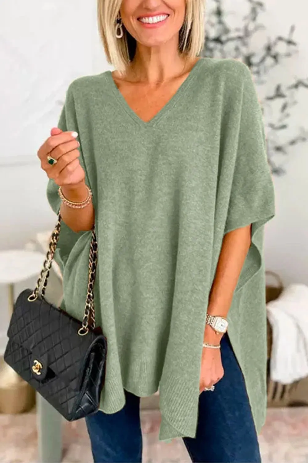 Slit V-Neck Half Sleeve Knit Top, image 20