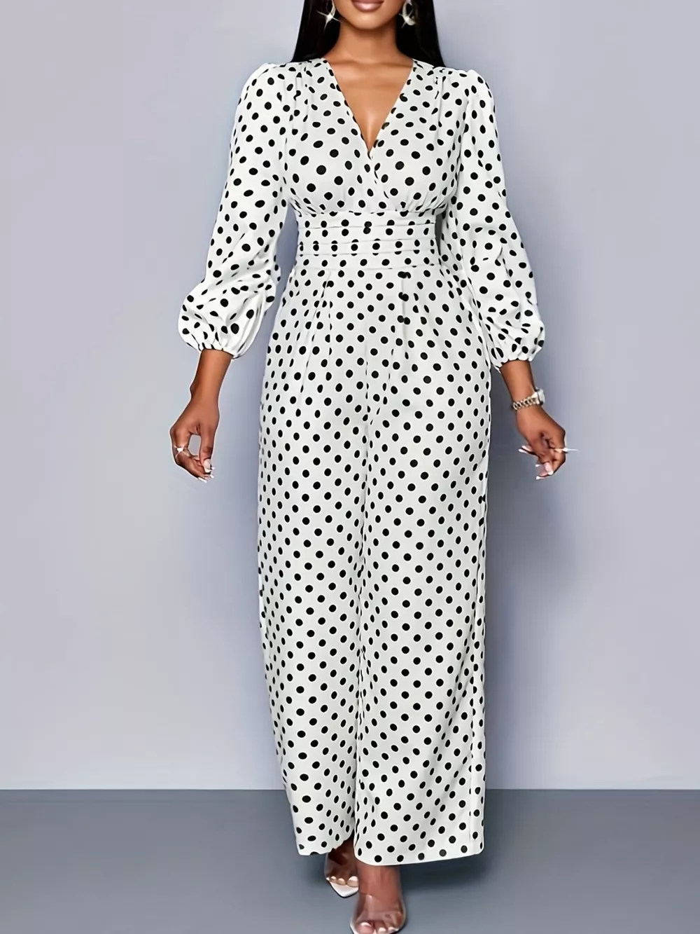 Polka Dot Long Sleeve Wide Leg Jumpsuit