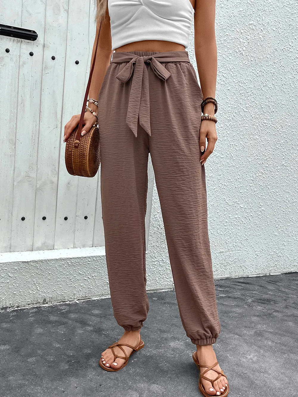 Tied High Waist Pants with Pockets, image 2