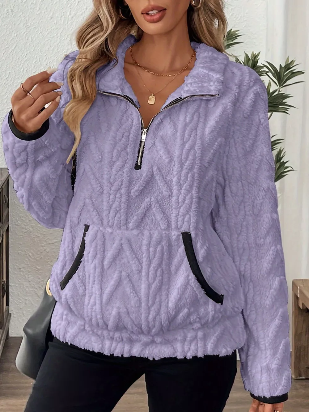 Full Size Half Zip Kangaroo Pocket Sweatshirt Plus Size, image 22