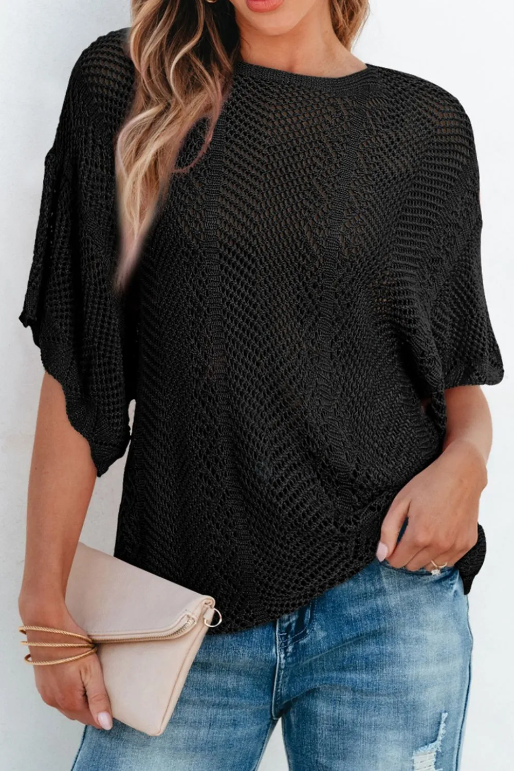 Scallop Edge Half Sleeve Pointelle Knit Top, image 7