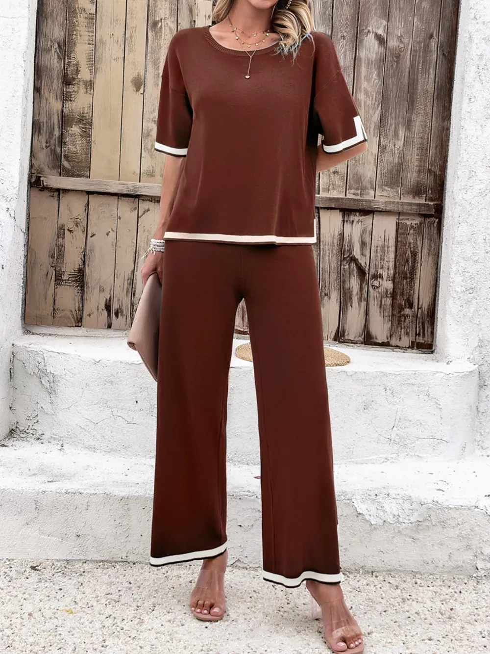 Contrast Trim Round Neck Top and Pants Set, image 4