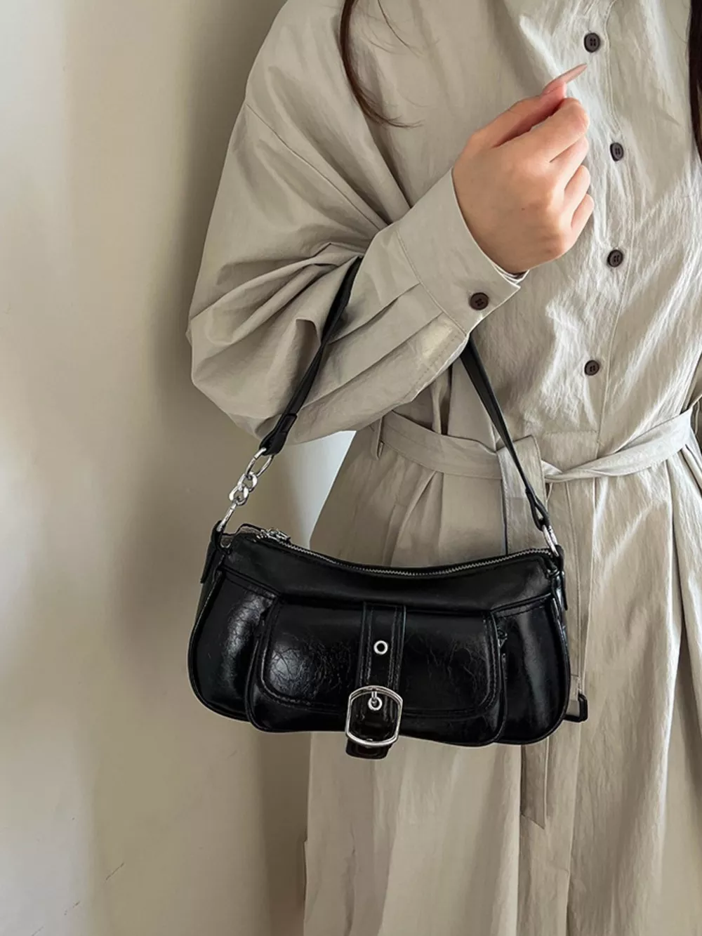 Buckle Detail Faux Leather Crossbody Bag, image 6