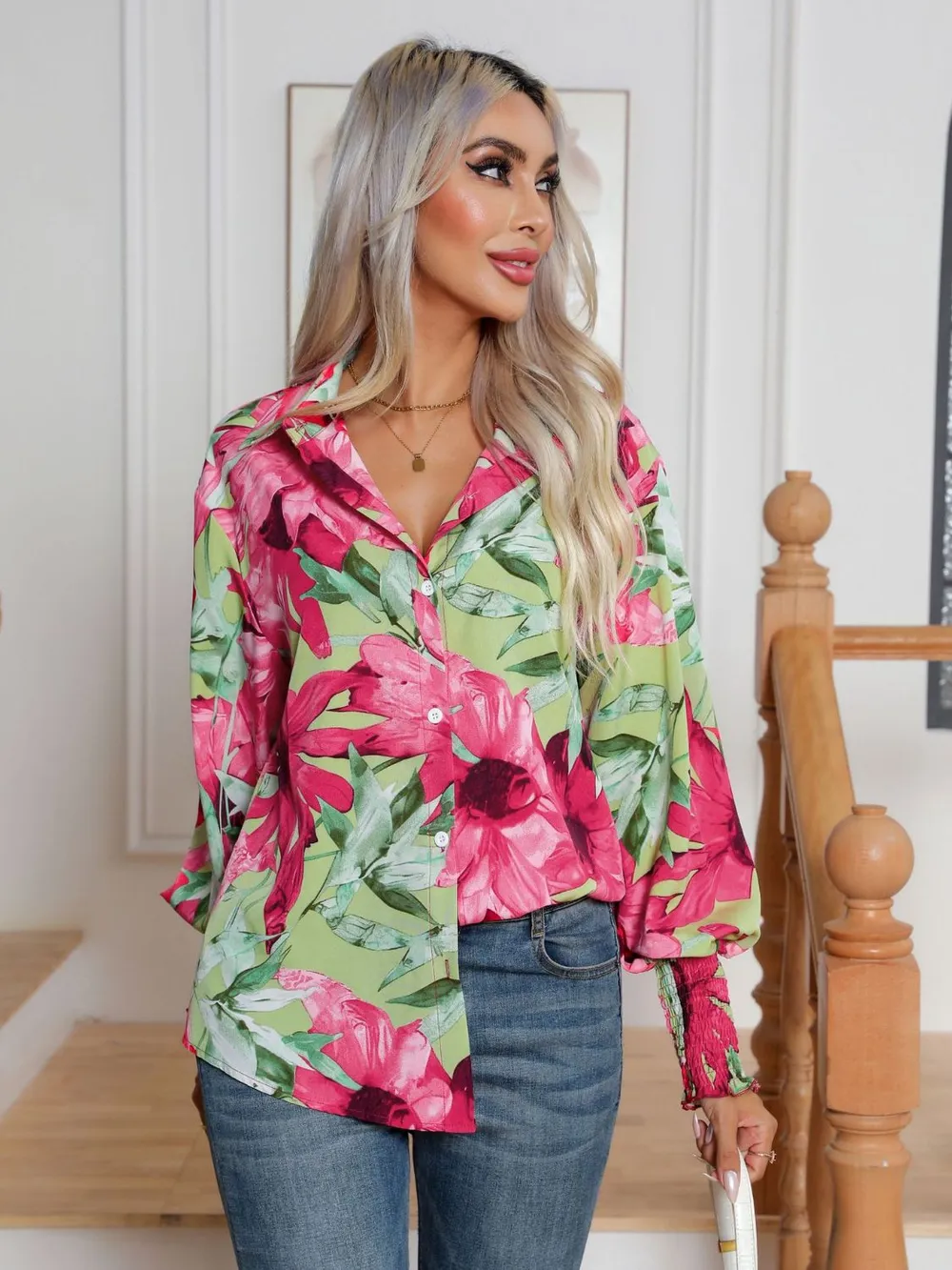 Button Down Printed Long Sleeve Shirt