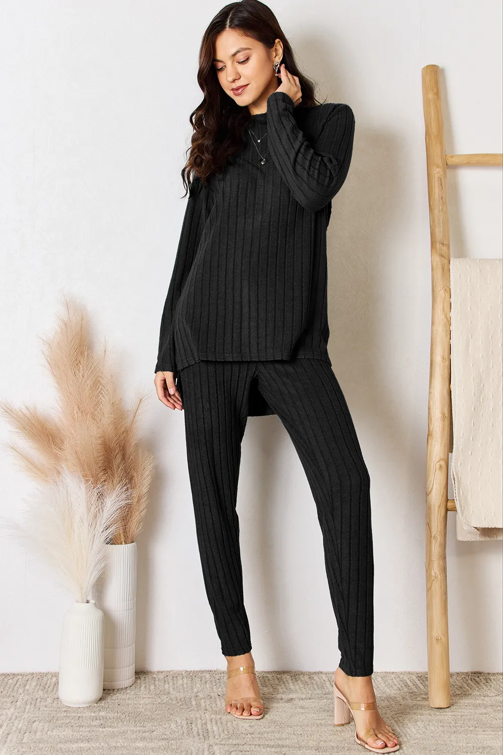 Full Size Ribbed Round Neck High-Low Slit Top and Pants Set, image 5