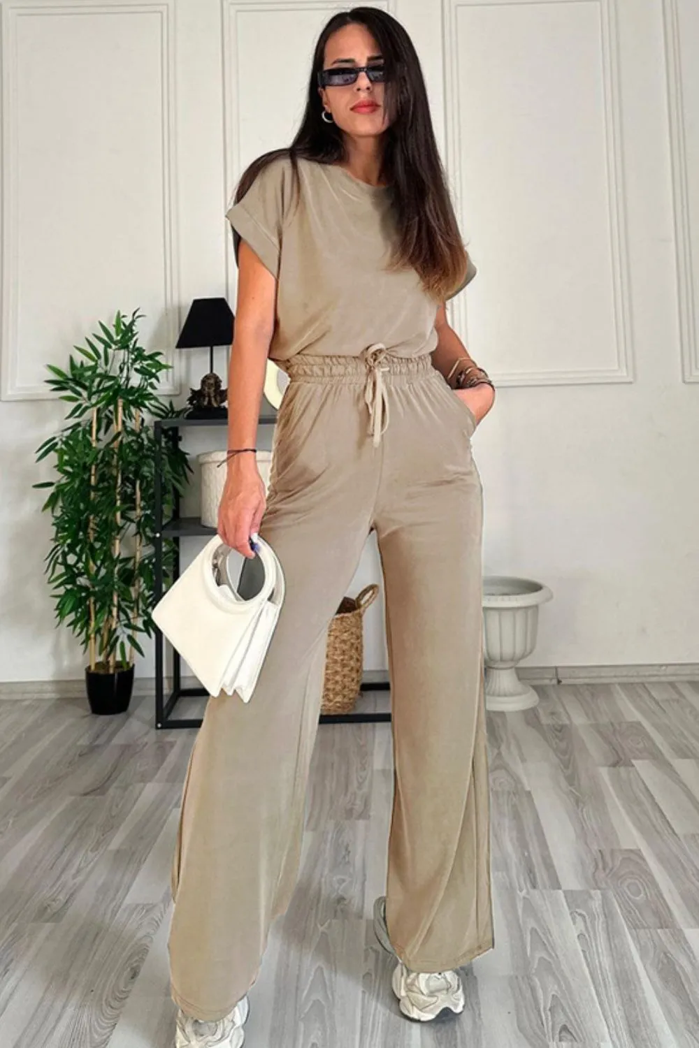 Round Neck Short Sleeve Top and Drawstring Pants Set, image 4