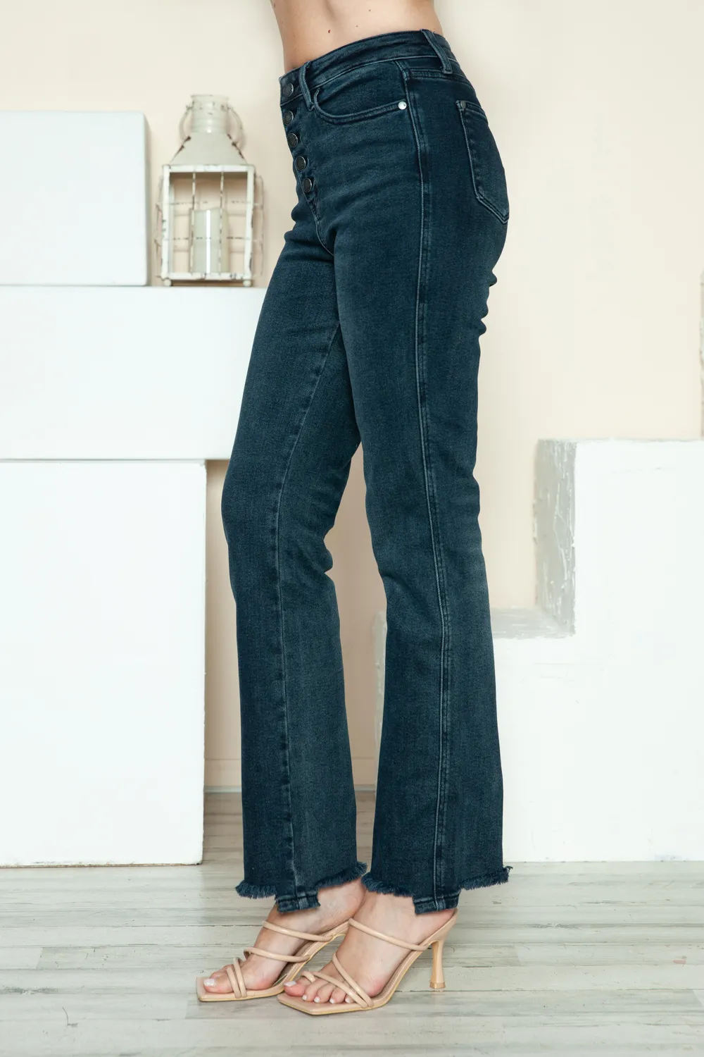 Full Size Button Fly Hem Destroy Straight Jeans, image 3