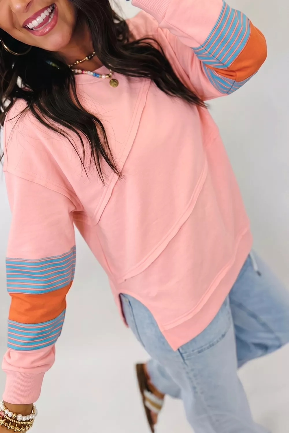 Colorblock Striped Patchwork Long Sleeve Round Neck Blouse, image 5