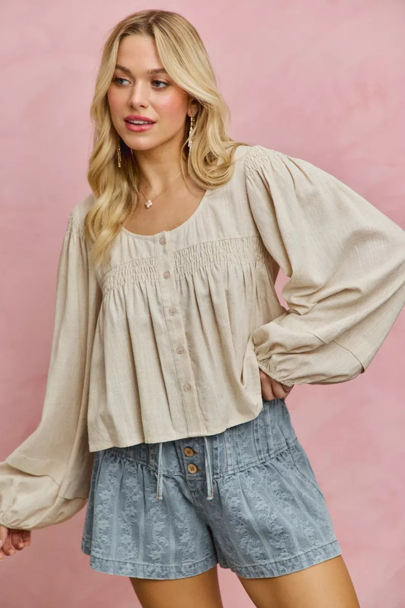 Linen Blend Woven Long Sleeve With Smocking Top, image 16