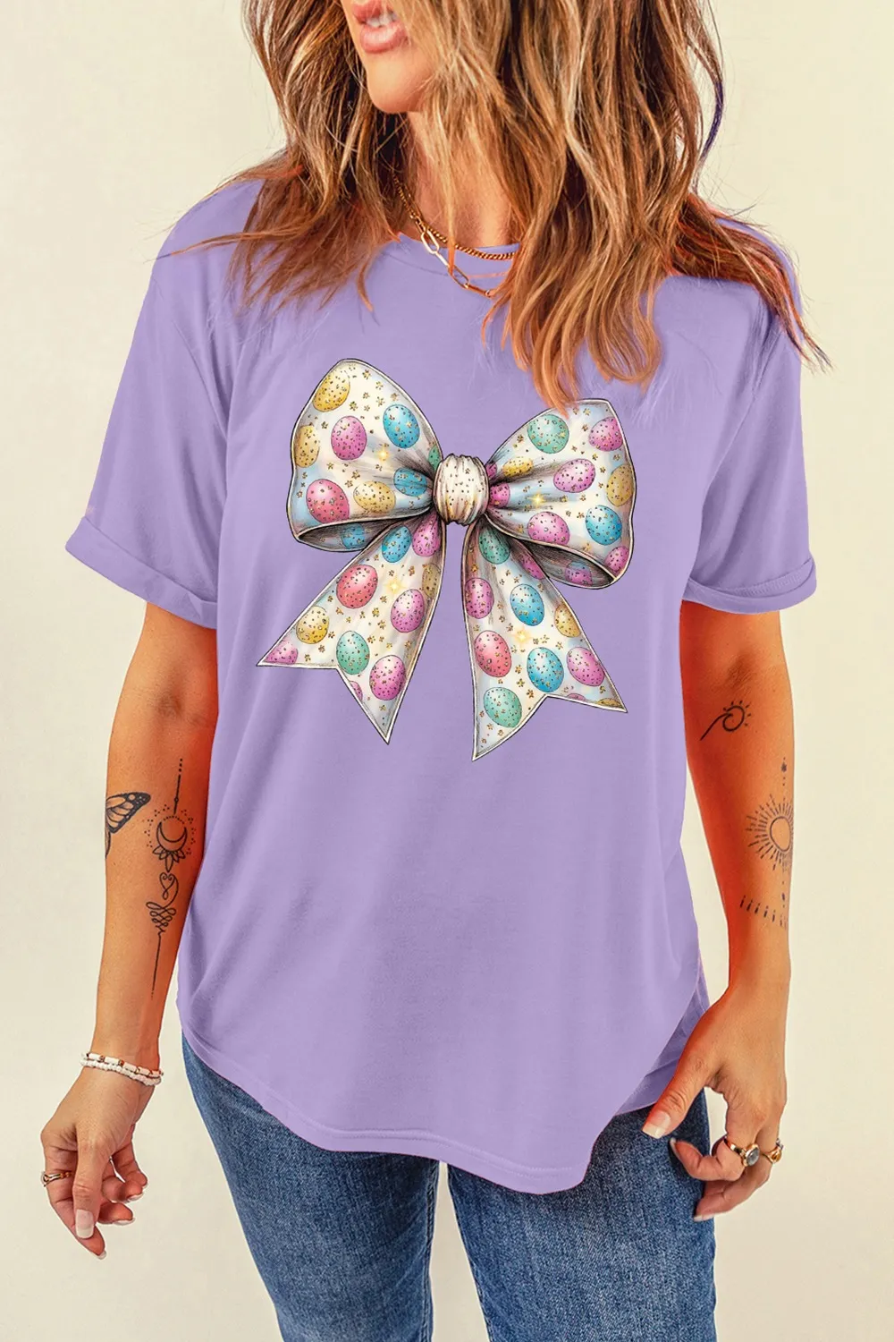 Bow Graphic Round Neck Short Sleeve T-Shirt, image 3