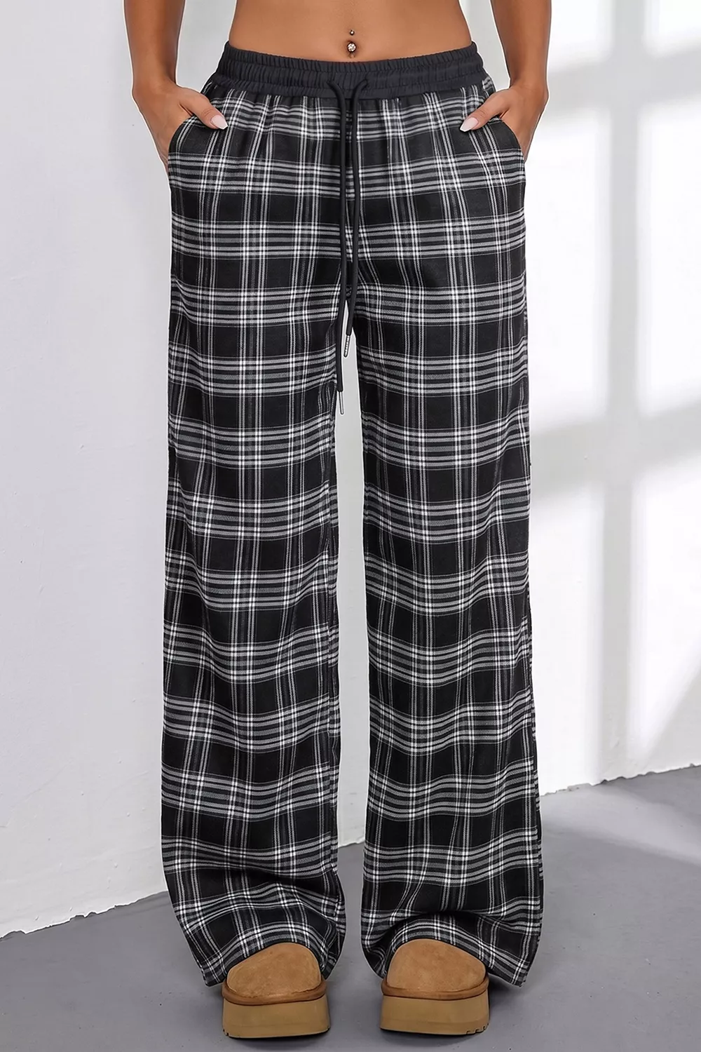 Plaid Wide-Leg Drawstring Pants, image 7