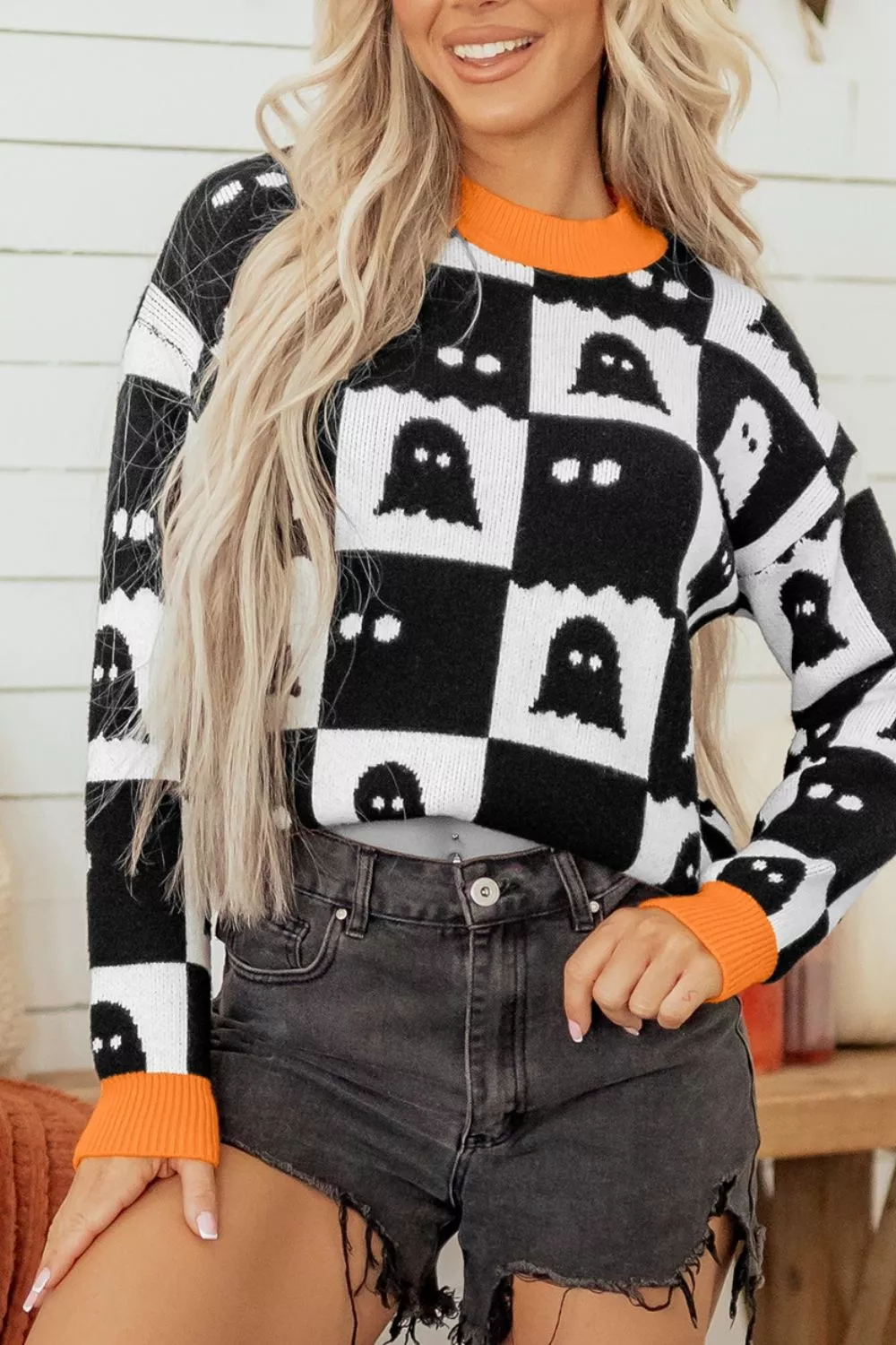 Halloween Ghost Pattern Checkerboard Sweater, image 2